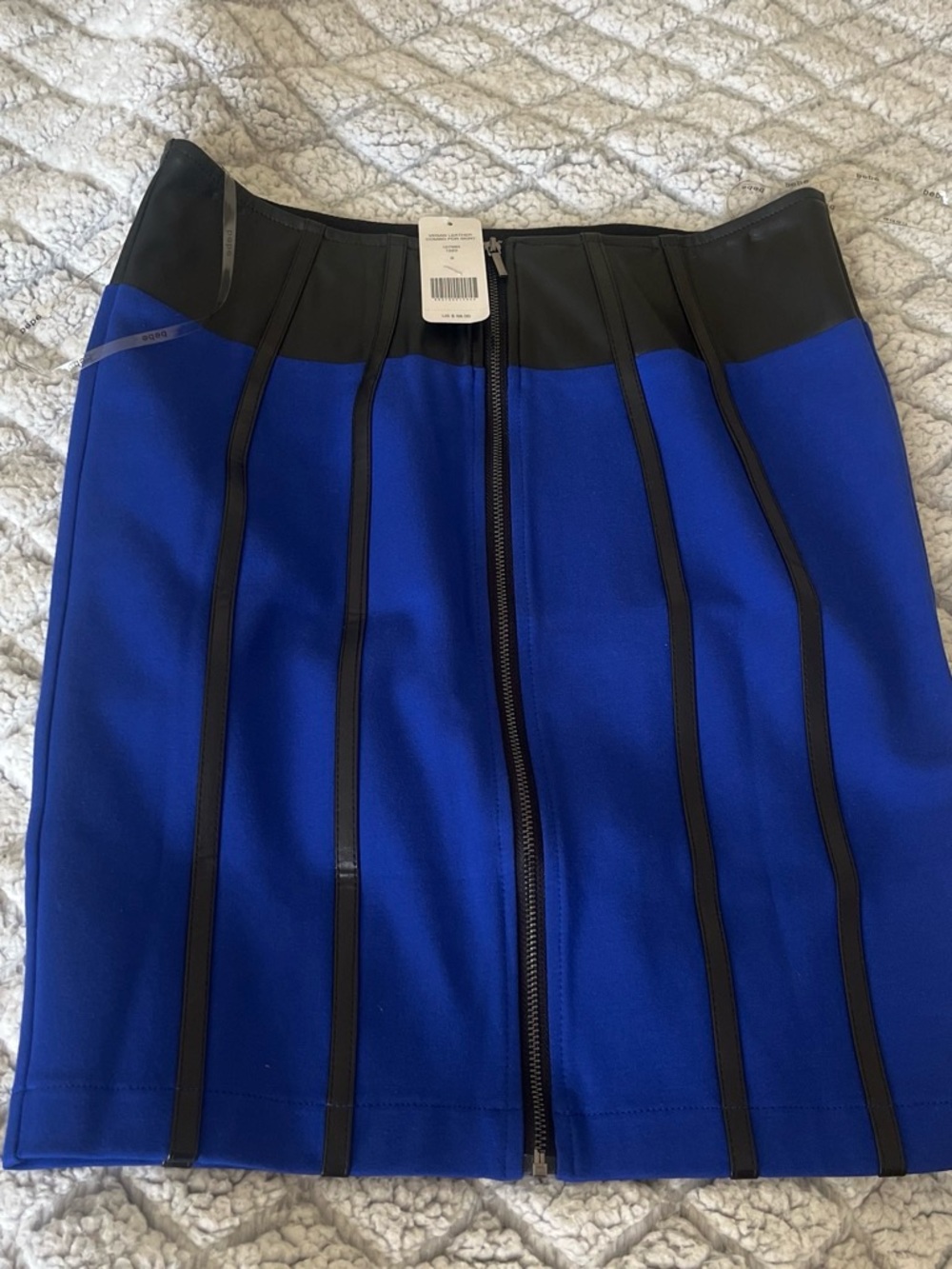 bebe Royal Blue and Black Zip-Front Panel Mini Skirt